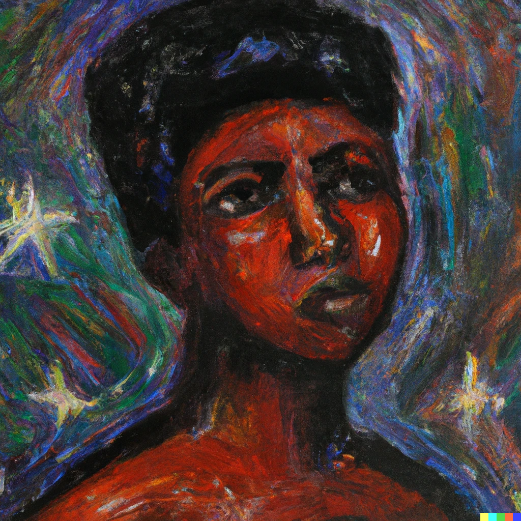 large ai generated oil painting of black girl amongst the stars