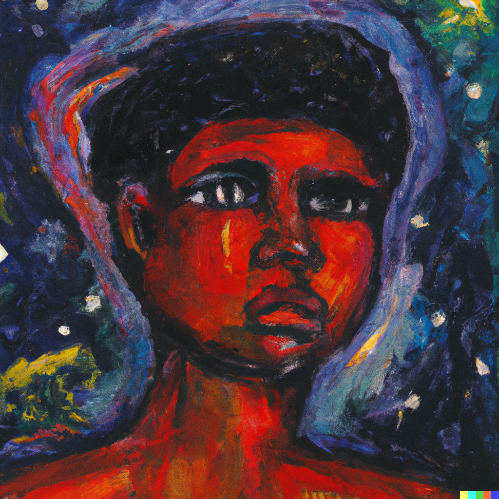 medium ai generated oil painting of black girl amongst the stars